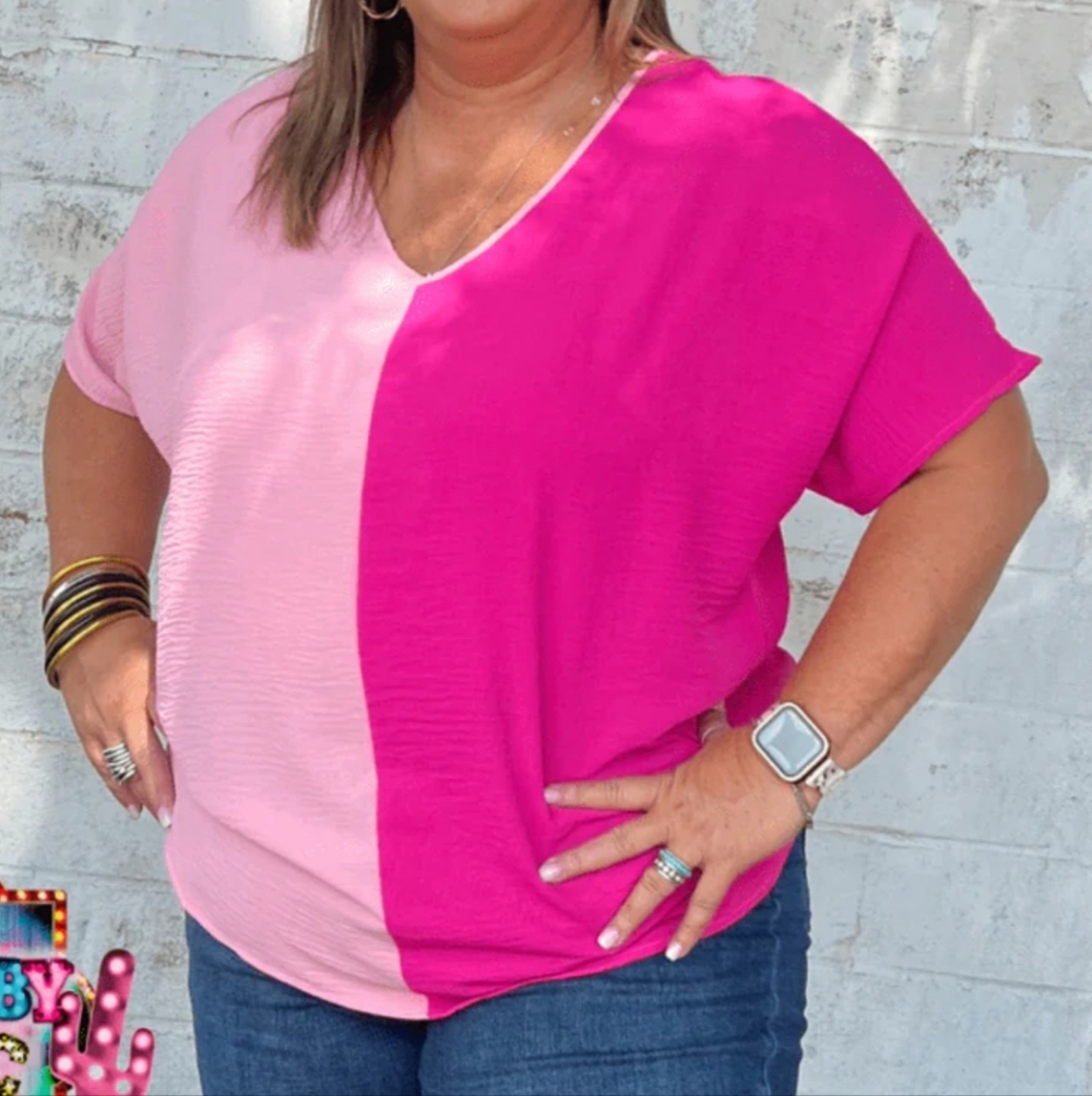 Pink Colorblock V-Neck Blouse